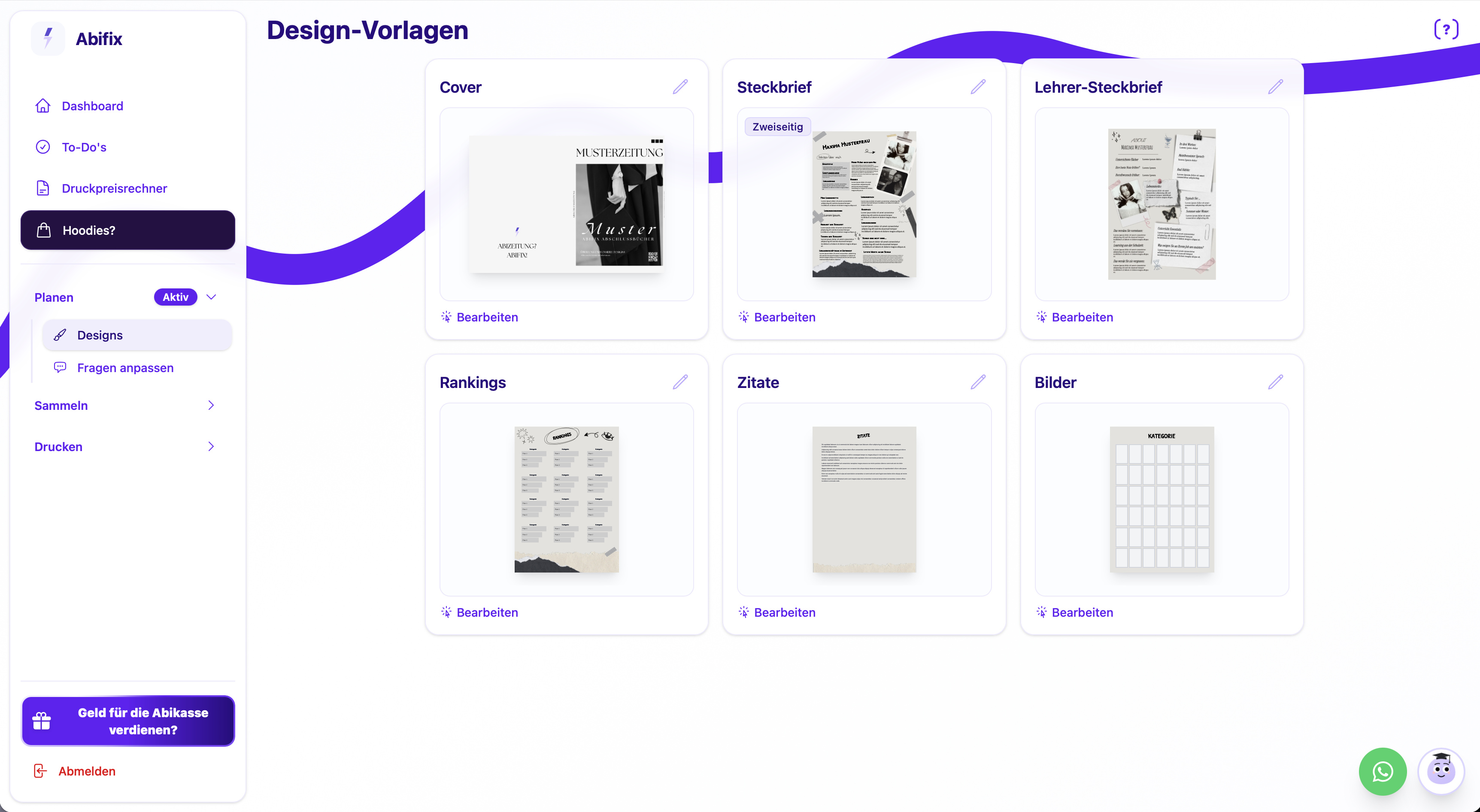 Design&uuml;bersicht in Abifix mit Vorlagen f&uuml;r Cover, Steckbriefe, Rankings, Zitate und Fotoseiten