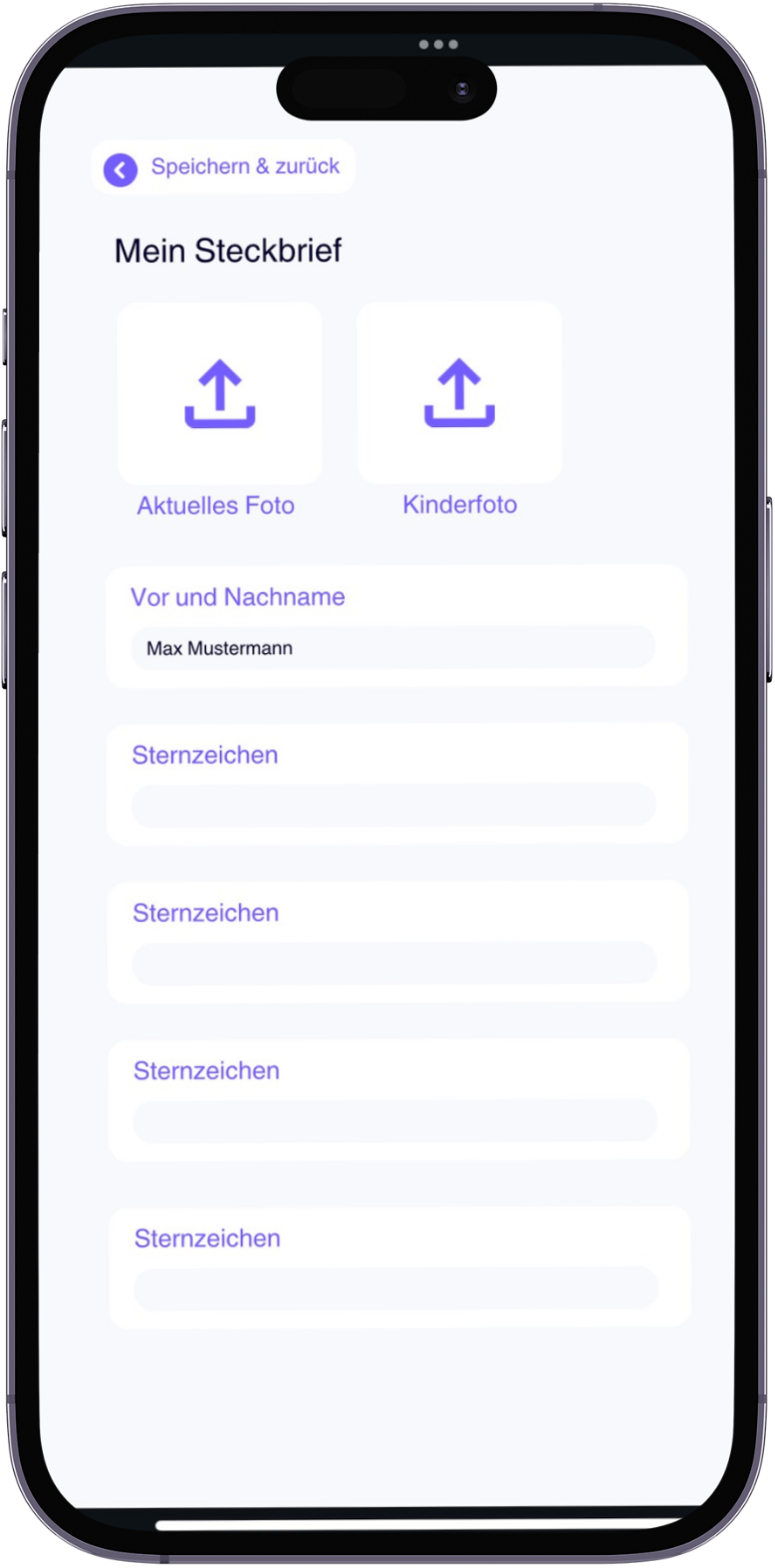 Das Schüler Formular für den Steckbrief auf dem Handy.
